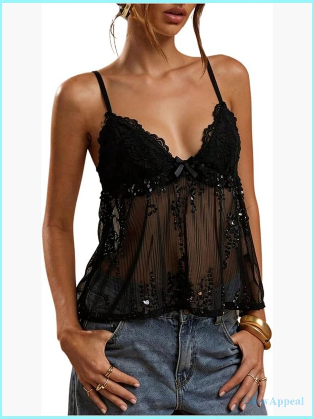 Crop Tank Top Spaghetti Strap Sequin Mesh Sheer Lace Trim Bow Y2K Club Camisole